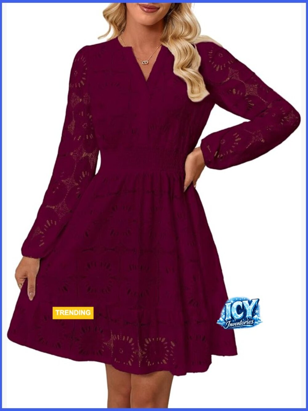 Long Puff Sleeve Floral Mini Dress V Neck Hollow Out Eyelet Lace Embroidery